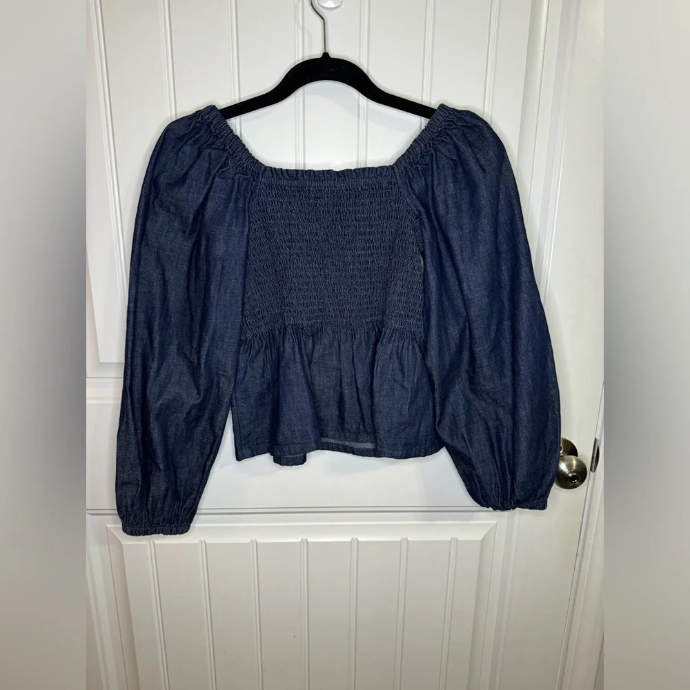 J Crew Long Puff Sleeve Chambray Top Dark Wash Smocked Top